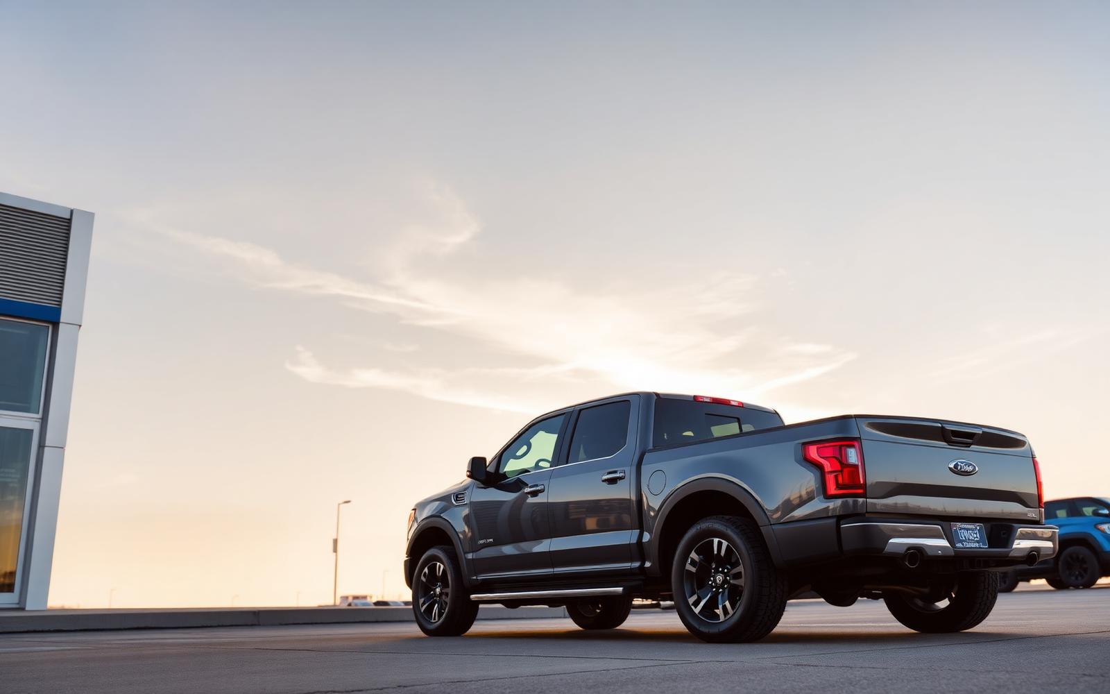 Pickup truck and SUV parked at a North Dakota dealership at sunset
